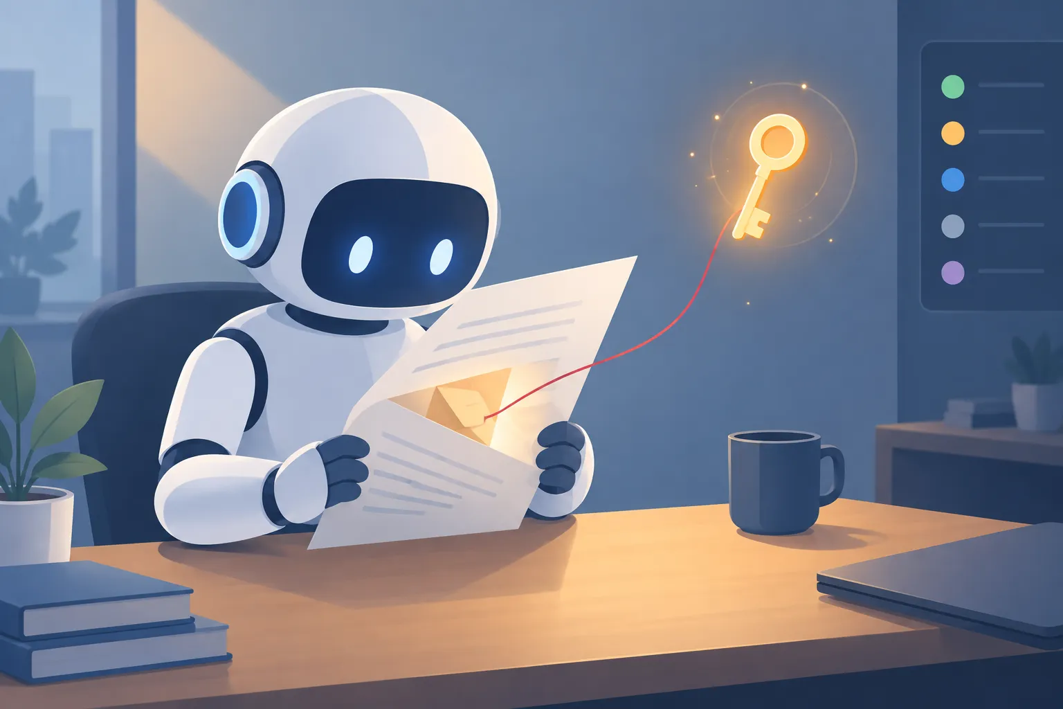 A desk robot reads a document while a concealed note reaches toward a credential key beside it.