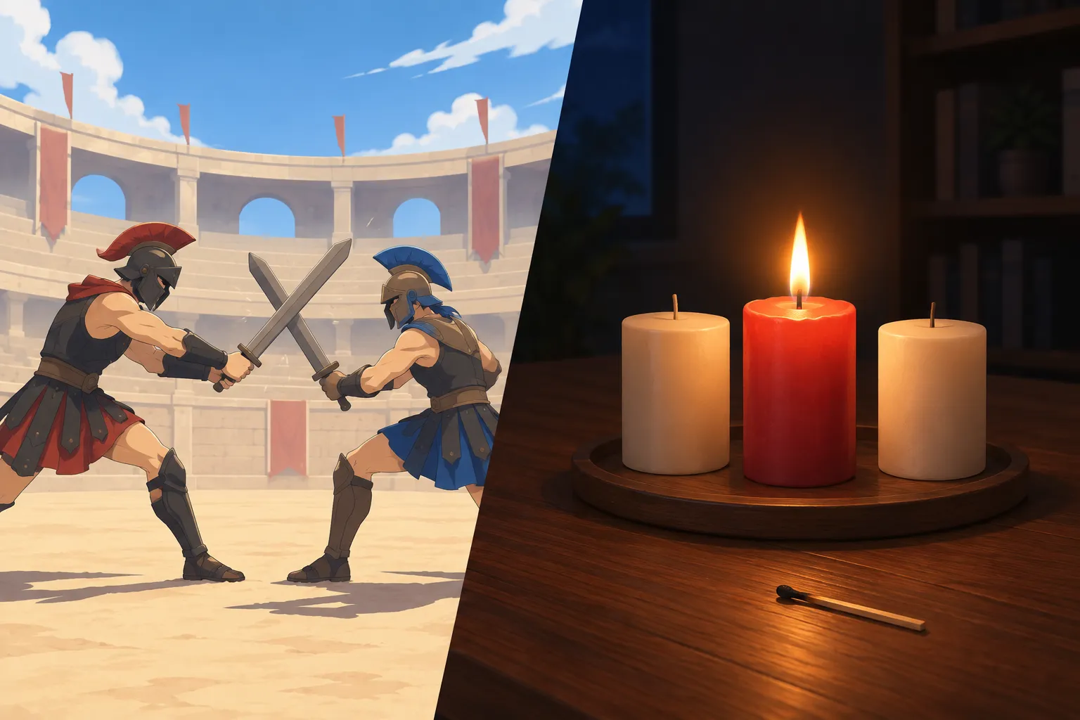 A cel-shaded arena duel sits beside a dark table with three candles, only the red center candle burning.