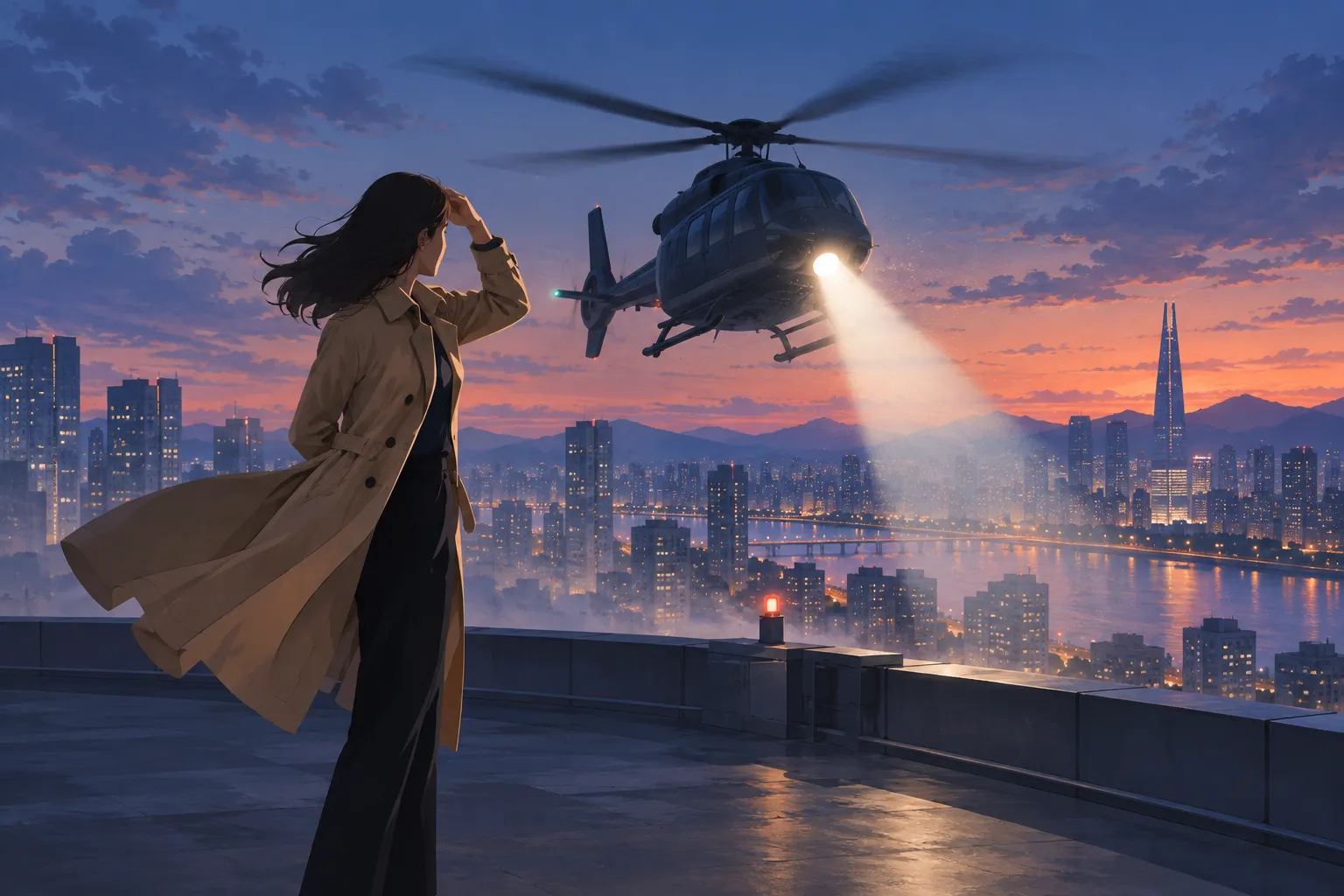 A trench-coated woman shields her eyes as a helicopter rises behind a dusk rooftop, its searchlight cutting the air.