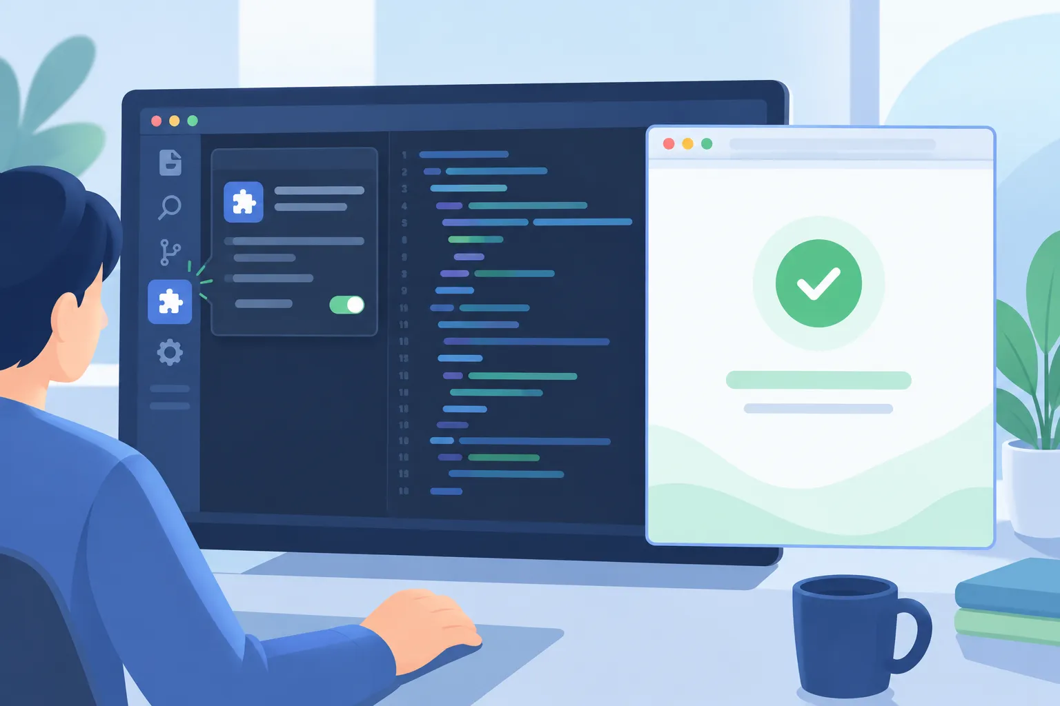 Code editor with a new sidebar extension beside a browser window showing a sign-in confirmation checkmark