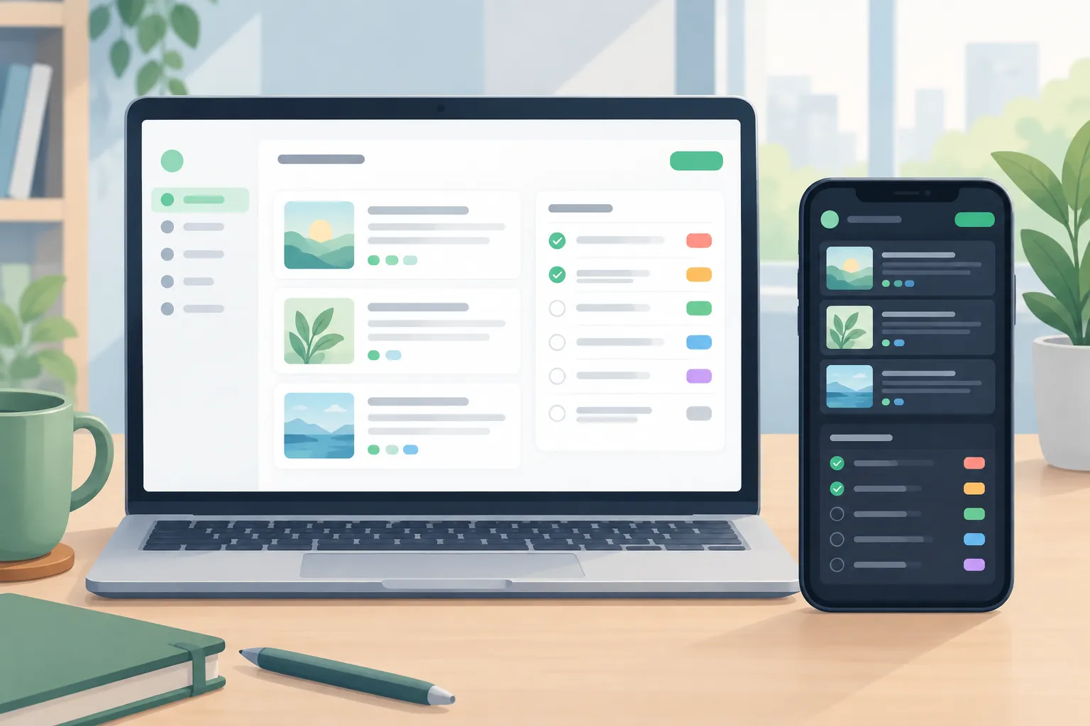 Laptop and phone showing journal cards and prioritized tasks in light and dark layouts with green accents