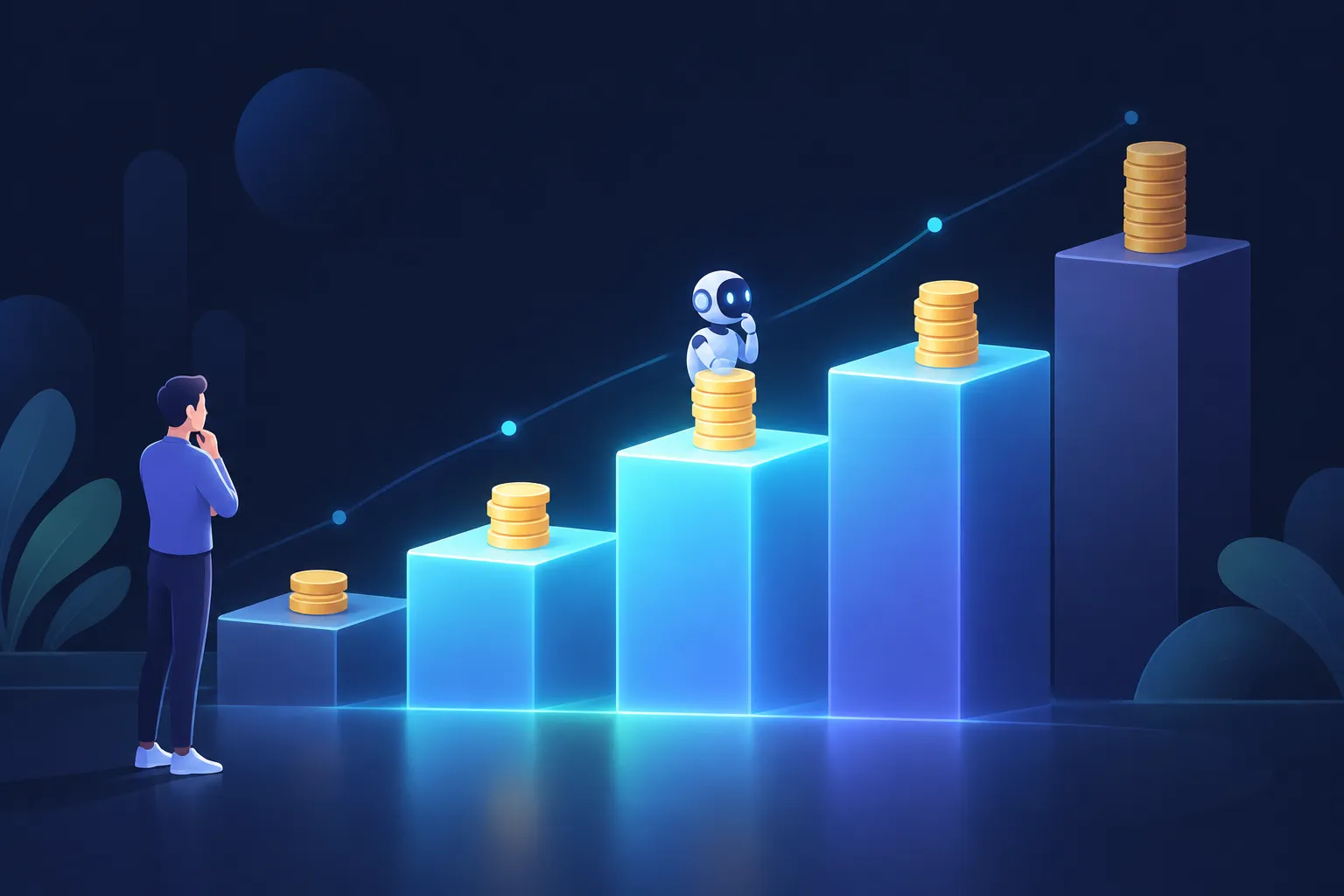 Five rising reasoning-effort steps with brighter middle levels and increasing stacks of coins