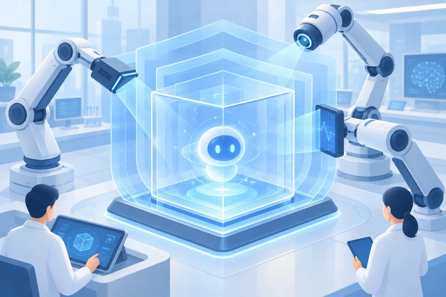 Glowing AI entity inside a transparent sandbox with protective shields and inspection scanners