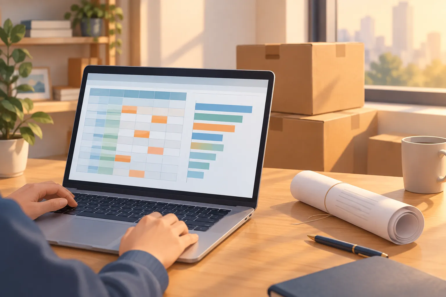 A spreadsheet with highlighted cells and a bar chart sits beside moving boxes and a rolled lease on a desk.