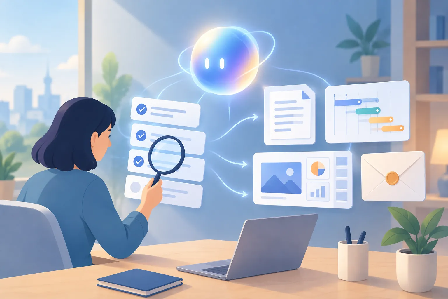 A glowing assistant organizes task cards into a document, timeline, slides and email while a person reviews.