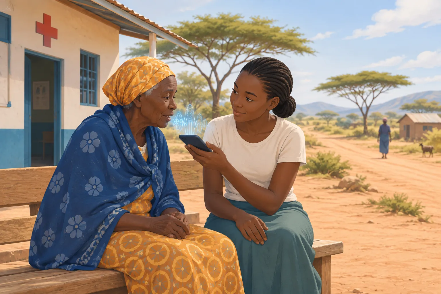 An older woman outside a rural African clinic speaks into a phone held by a younger relative