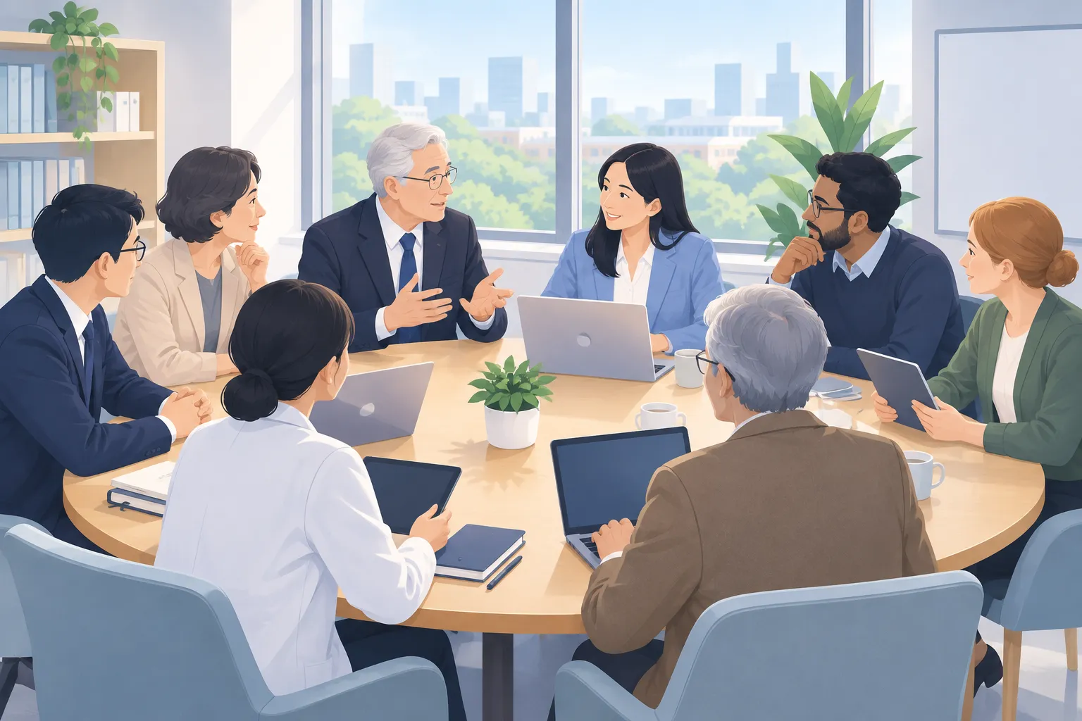 Lawmakers, teachers and researchers discuss AI around a meeting table with laptops and tablets