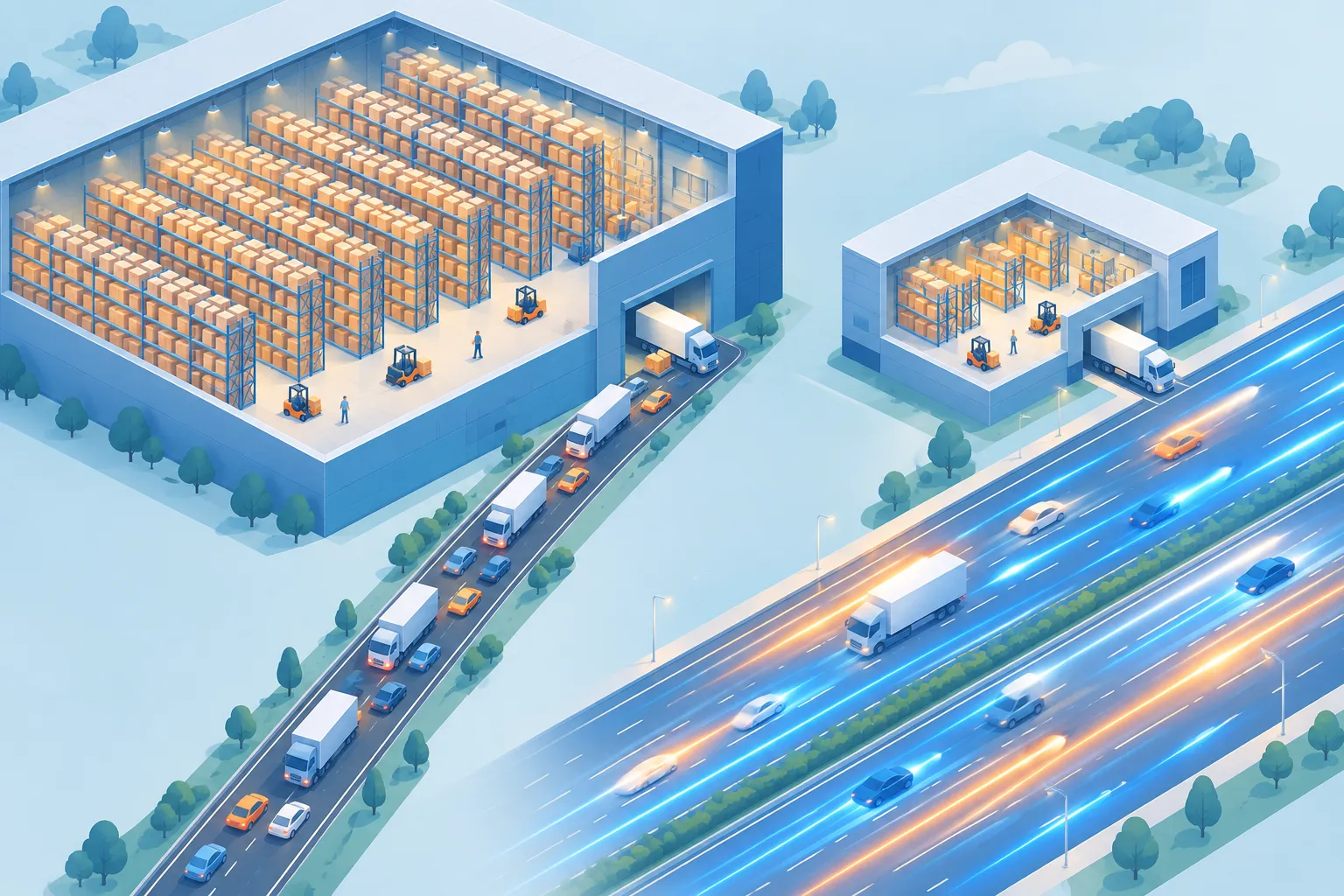 Large warehouse on a narrow road beside a smaller warehouse connected to a wide, fast highway