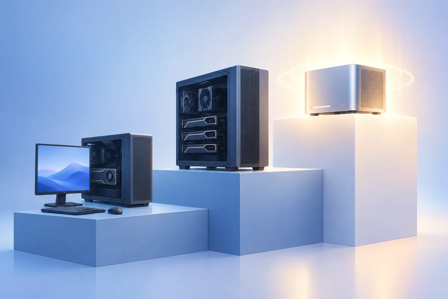 Three rising platforms hold a modest PC, a workstation tower, and a compact high-end computer