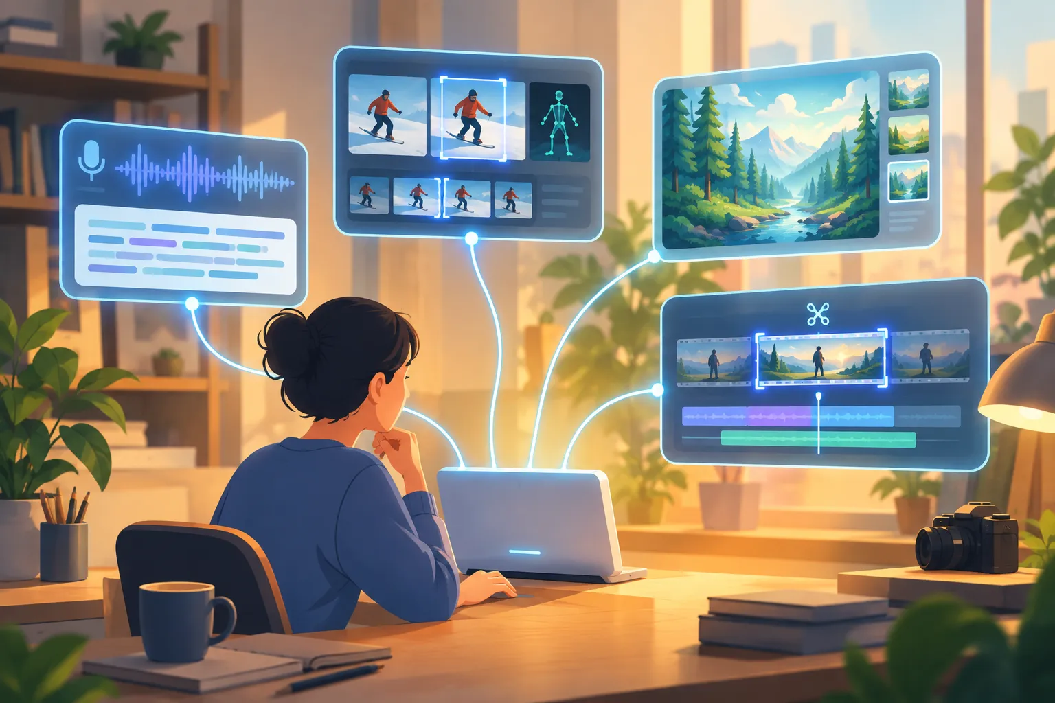 Production desk with connected panels for audio transcripts, footage analysis, image art, and editing
