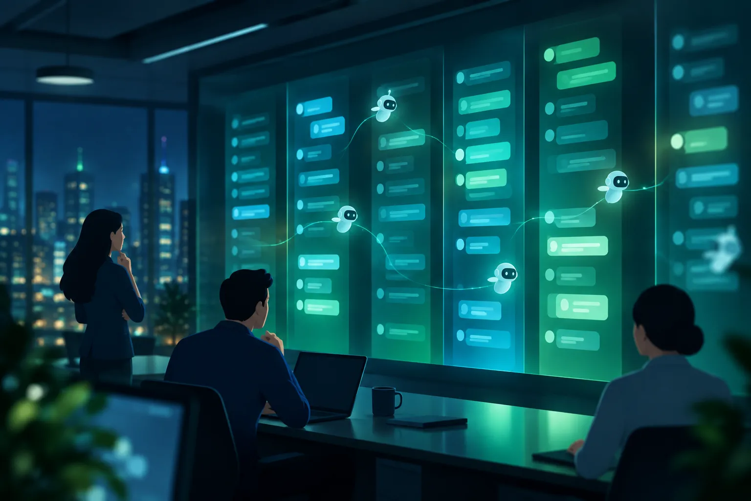 Abstract chat columns on an office display with luminous agent shapes moving between them
