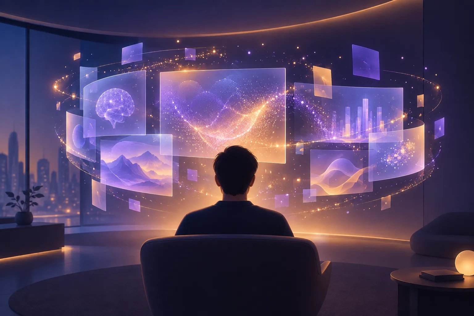 Person facing a curved interface formed from floating translucent panels in a dim room