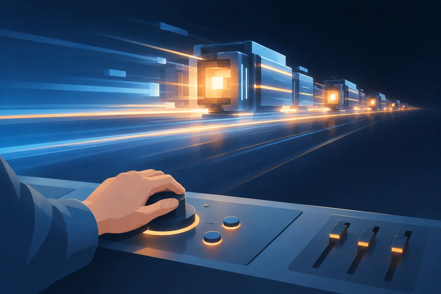 A hand on a control panel as glowing machine structures recede rapidly into darkness