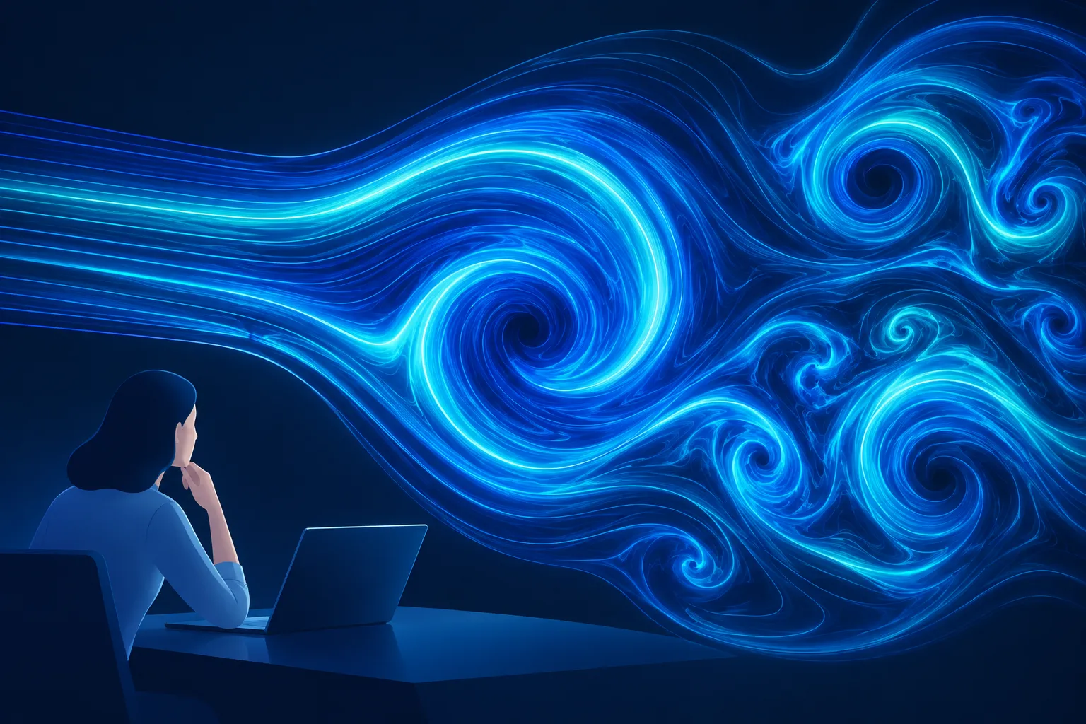 Blue and cyan curves spiral through a dark rendering of turbulent fluid motion