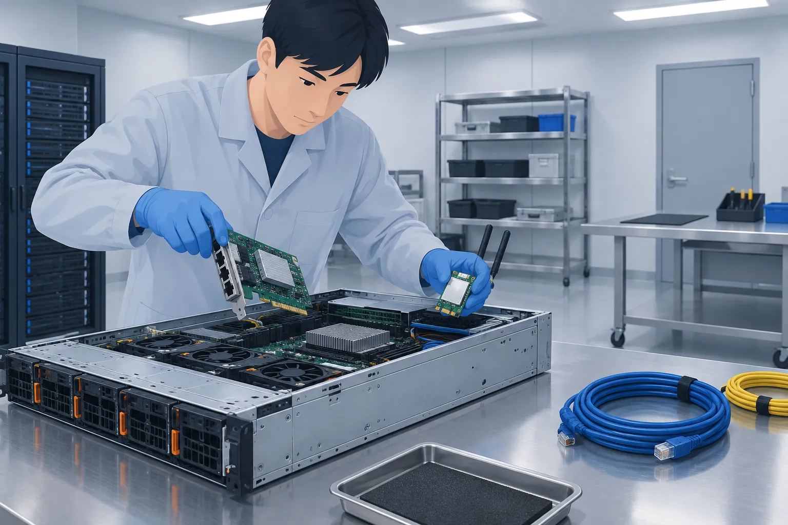 A gloved technician removes network and wireless hardware from a server in an isolated laboratory.