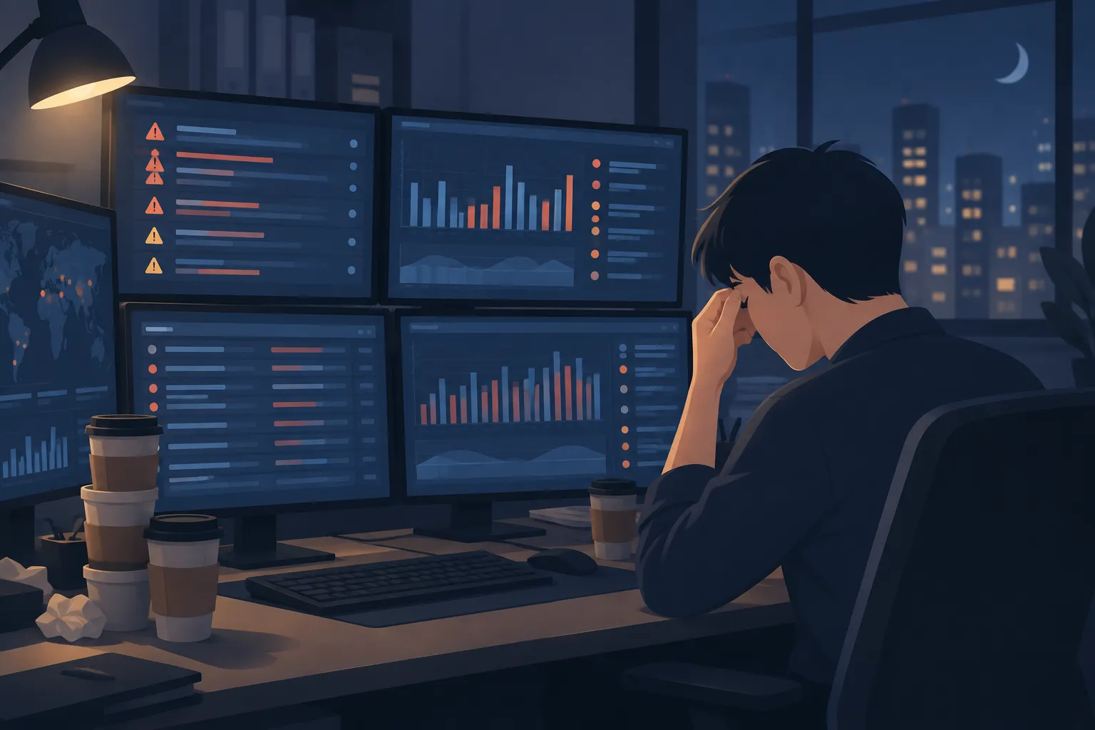 A tired security analyst studies alerts and charts across several monitors in a dim office.