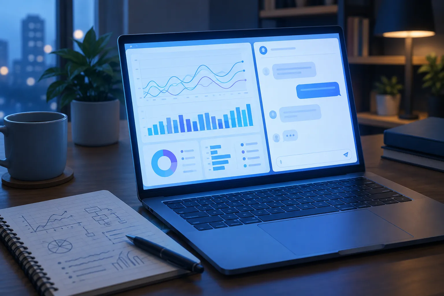 Laptop displaying an analytics dashboard beside a chat panel, with a marked notebook on the desk