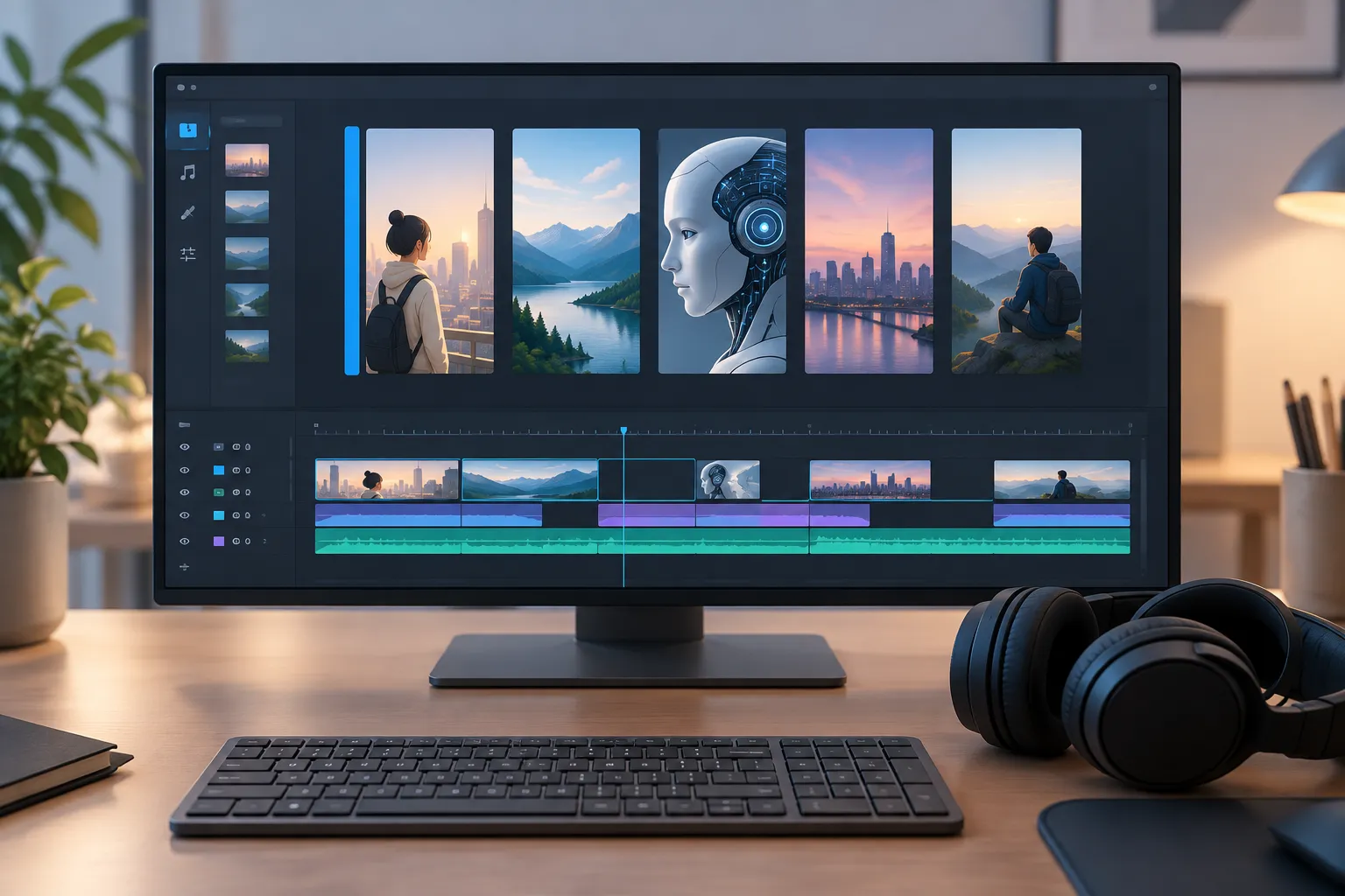 Editing monitor with five vertical clips in a timeline and a highlighted list beside the video preview