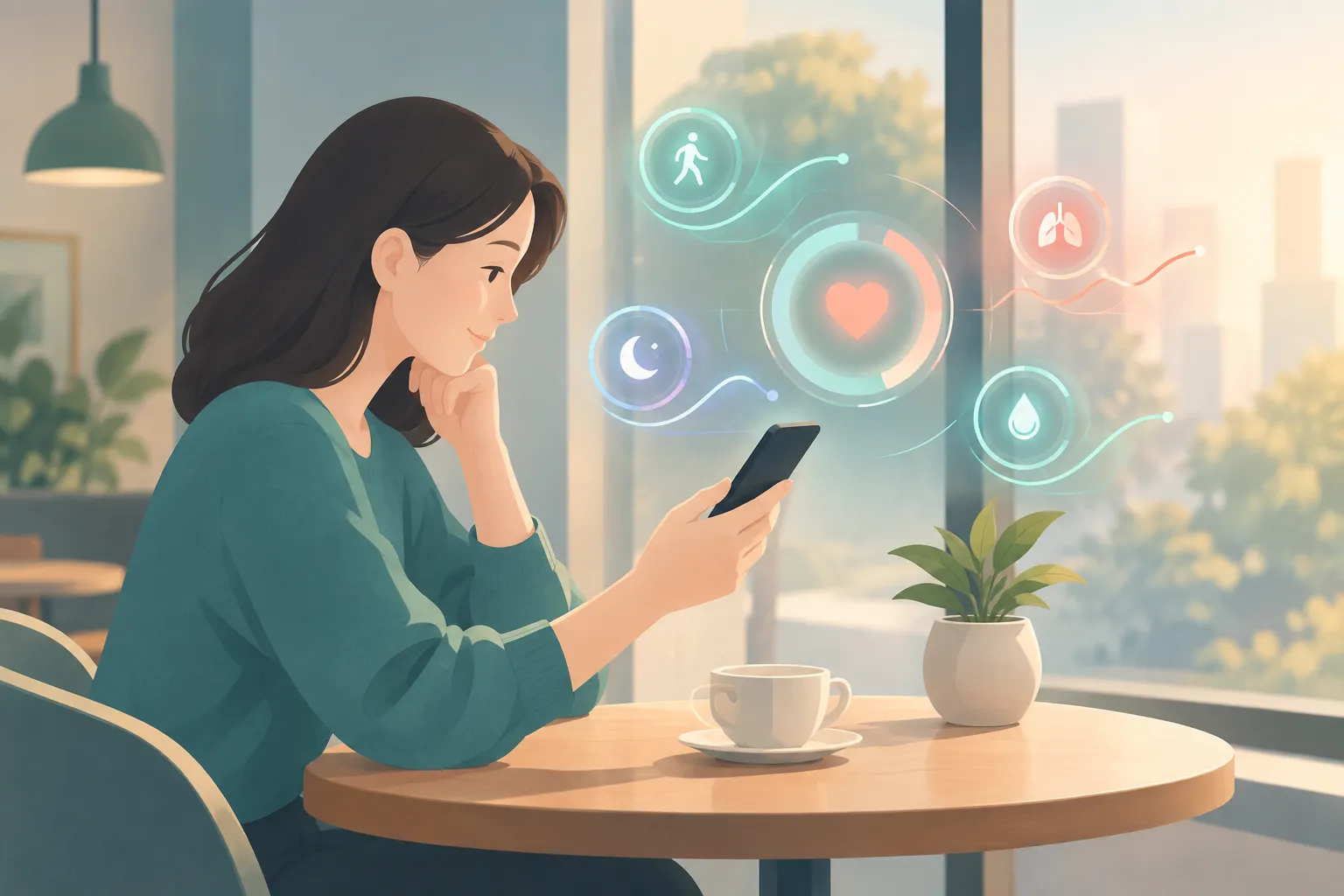 Person at a cafe table viewing softly glowing health rings and trend lines on a smartphone
