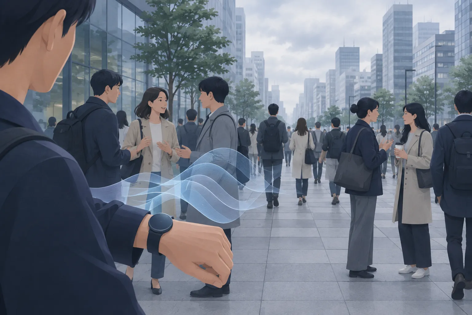 Crowded sidewalk conversation with sound waves drifting from a foreground smartwatch