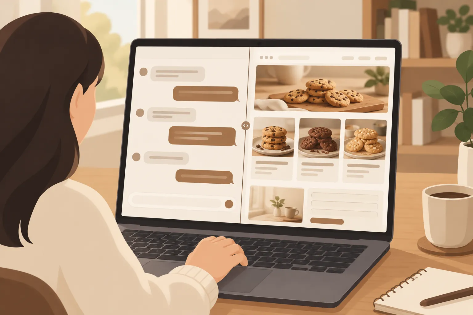 Split-screen workspace with chat bubbles beside a bakery website preview and a draggable divider