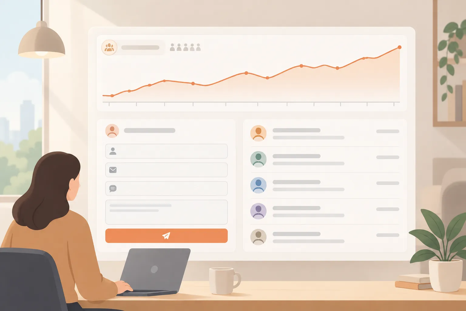 Dashboard with a contact form, saved submissions, a visitor counter, and a traffic trend chart
