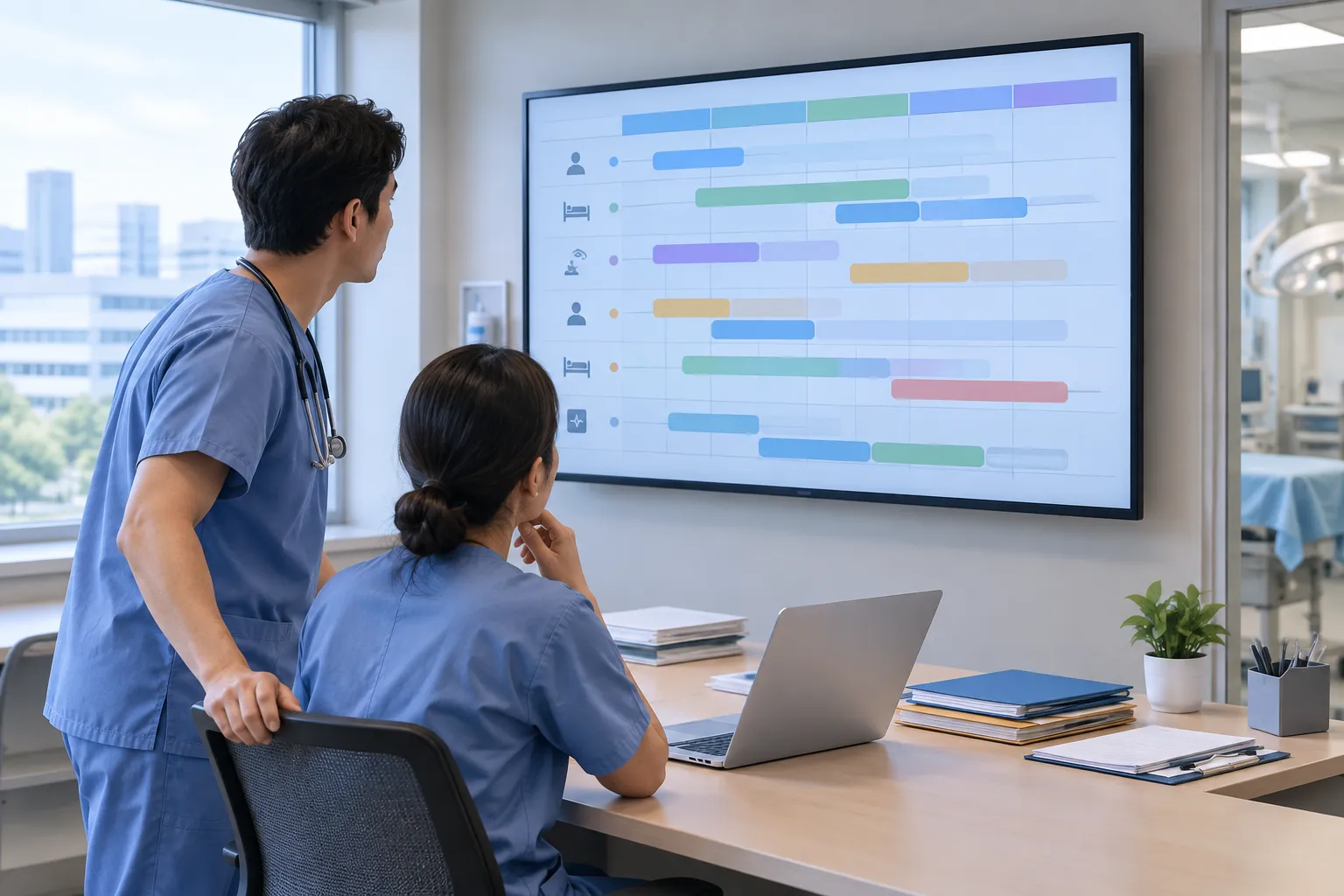 Two clinicians study color-coded timelines on a monitor in a hospital pre-operative coordination room