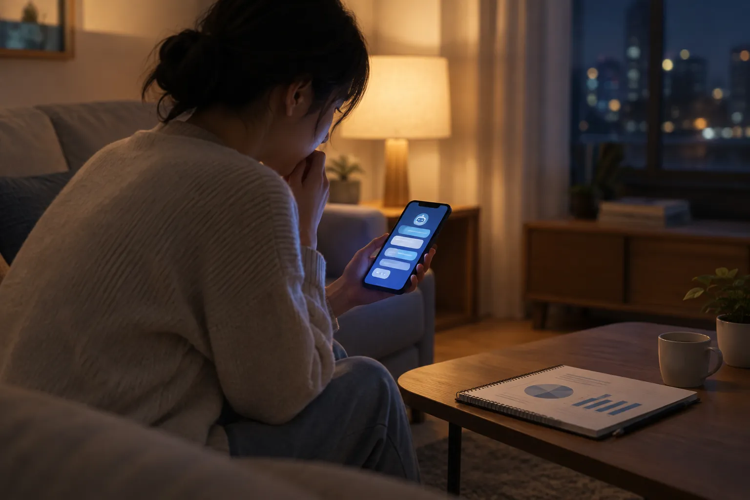 Person on a couch at night holds a phone with an abstract chat display beside a printed chart