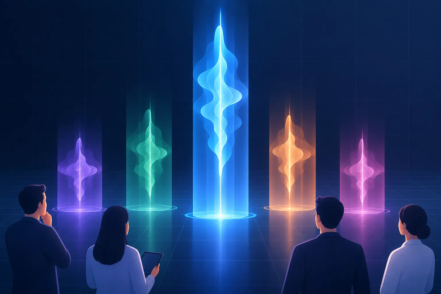 Colored voice waveforms form vertical columns, with one rising highest against a dark gridded background.