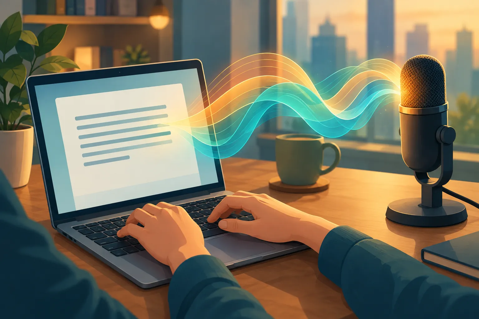 Hands type at a laptop as colorful sound waves arc from the screen toward a nearby microphone.