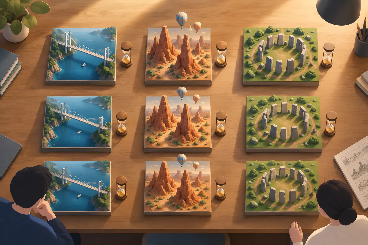 Overhead worktable with miniature bridge, balloon landscape, and standing-stone scenes beside small hourglasses