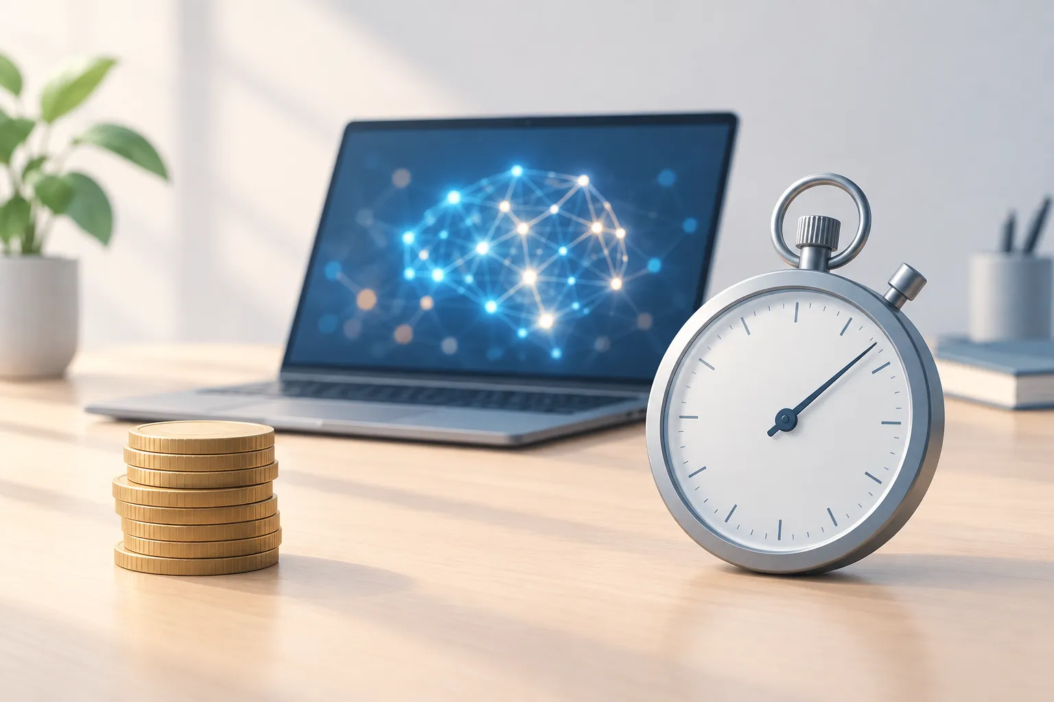 Coins and an analog stopwatch sit before a laptop displaying an abstract network diagram in soft daylight