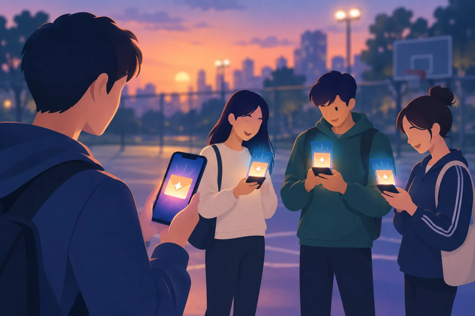 A court organizer holds a phone while three friends receive matching invitations for a shared game.