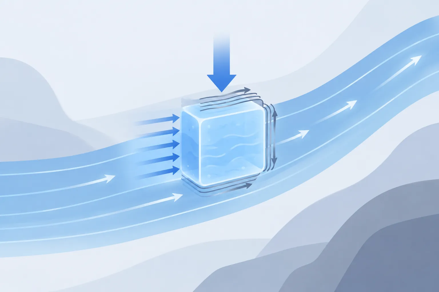 A translucent fluid parcel follows a curved path amid arrows for acceleration, pressure, friction and external force.