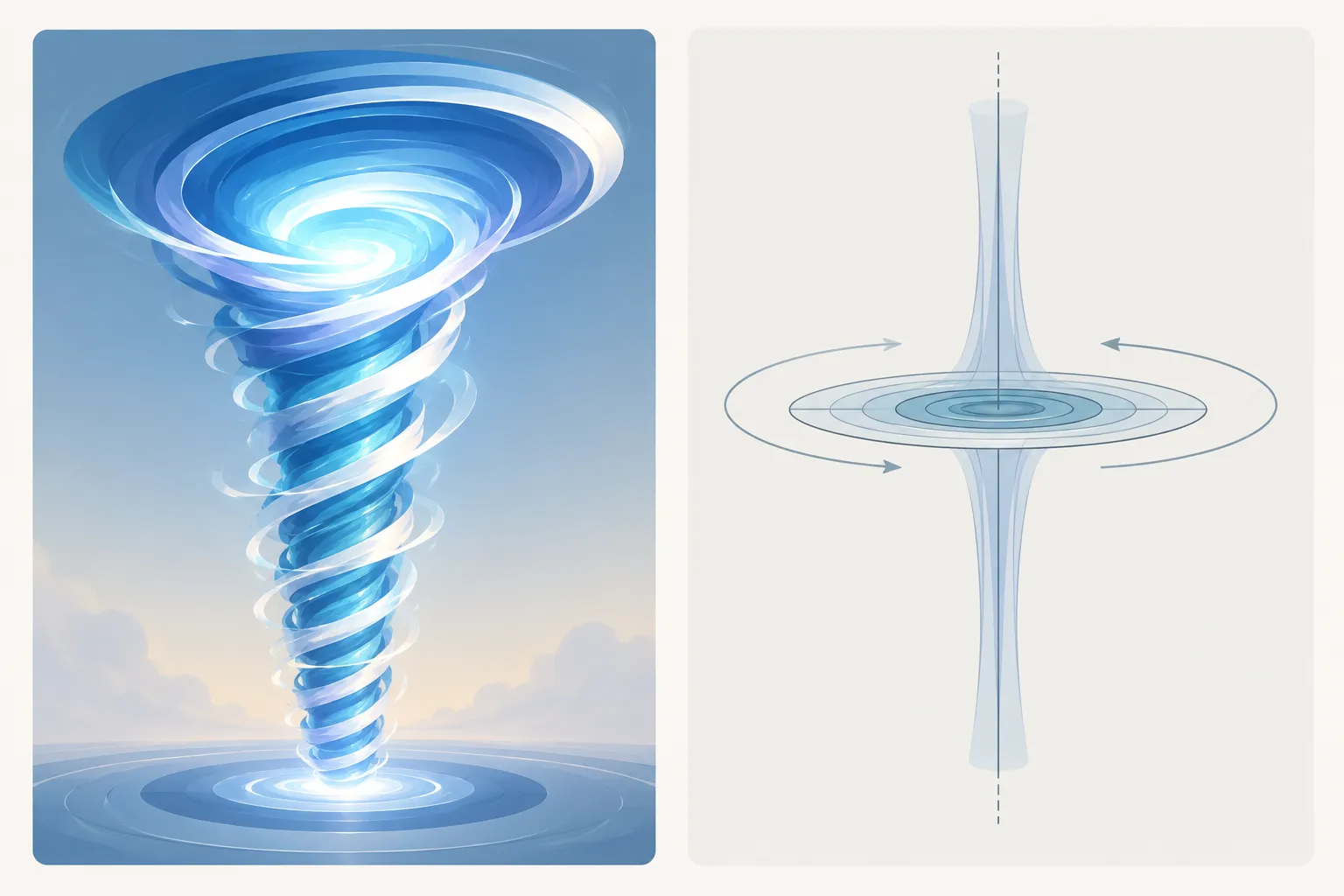 A dramatic tall vortex illustration sits beside a restrained diagram of a flattened, vertically stretched spinning core.