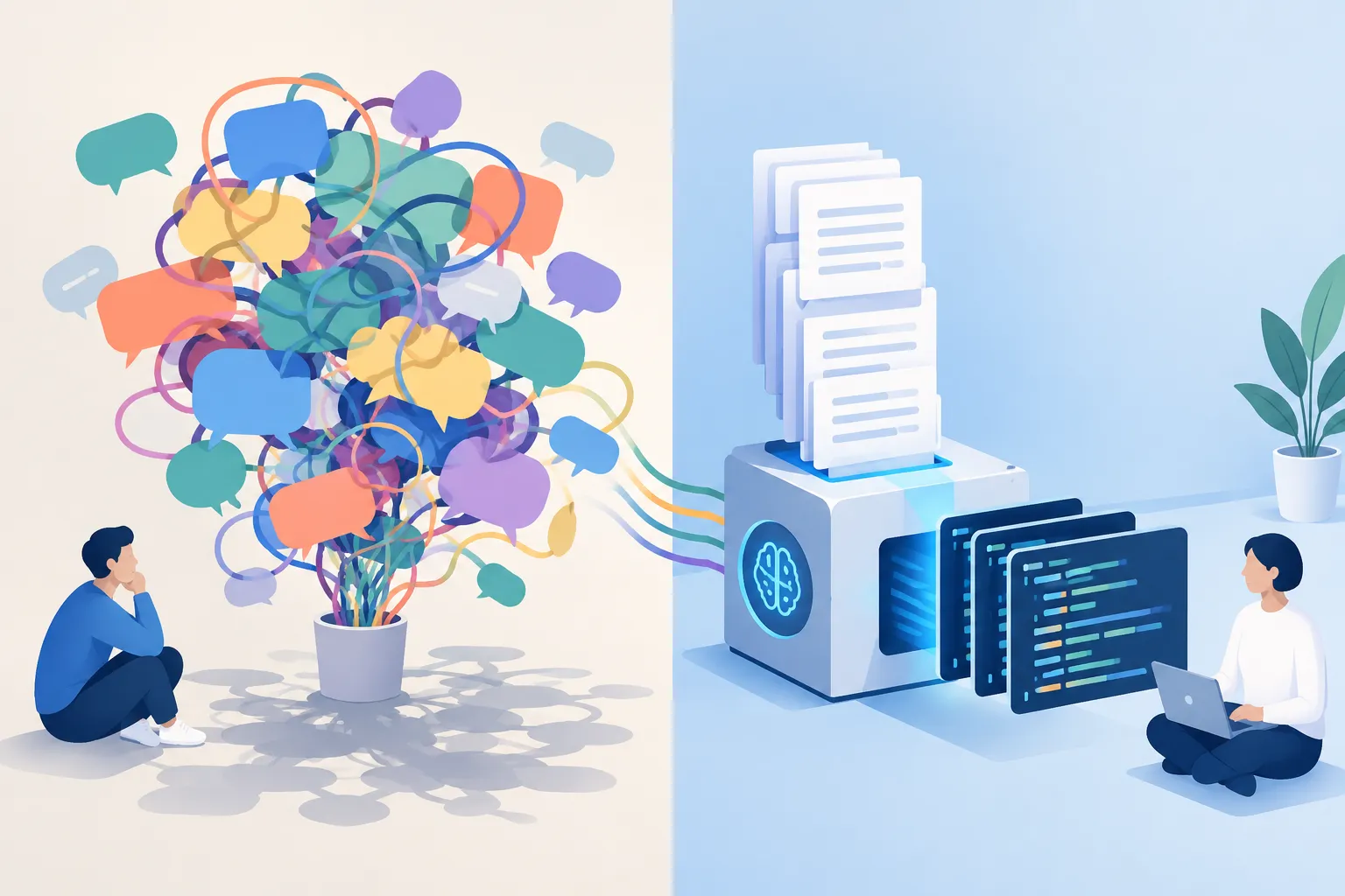 Tangled speech bubbles contrast with ordered documents feeding a machine that produces code blocks