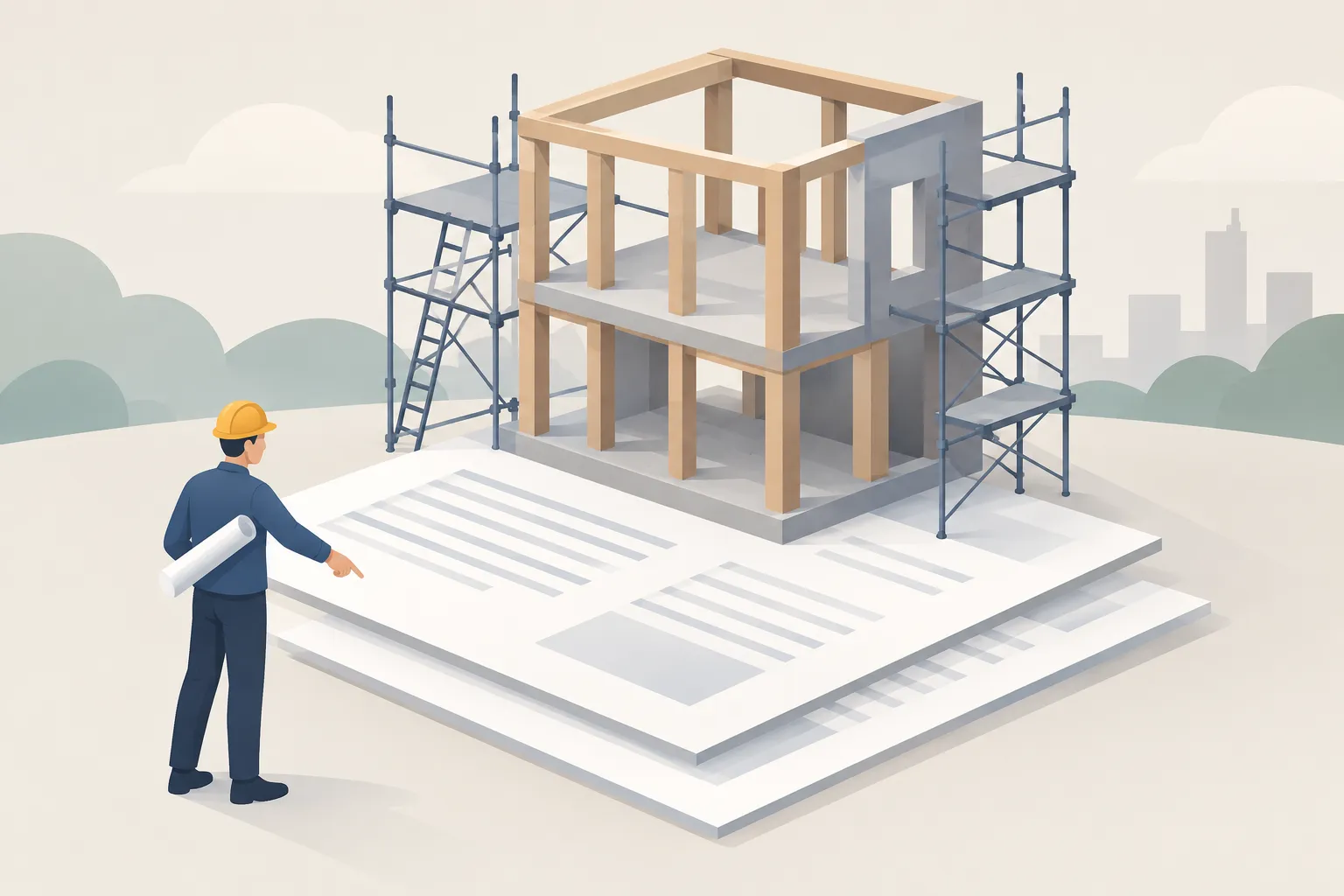 Three document pages support an unfinished building frame as a worker points toward the plans