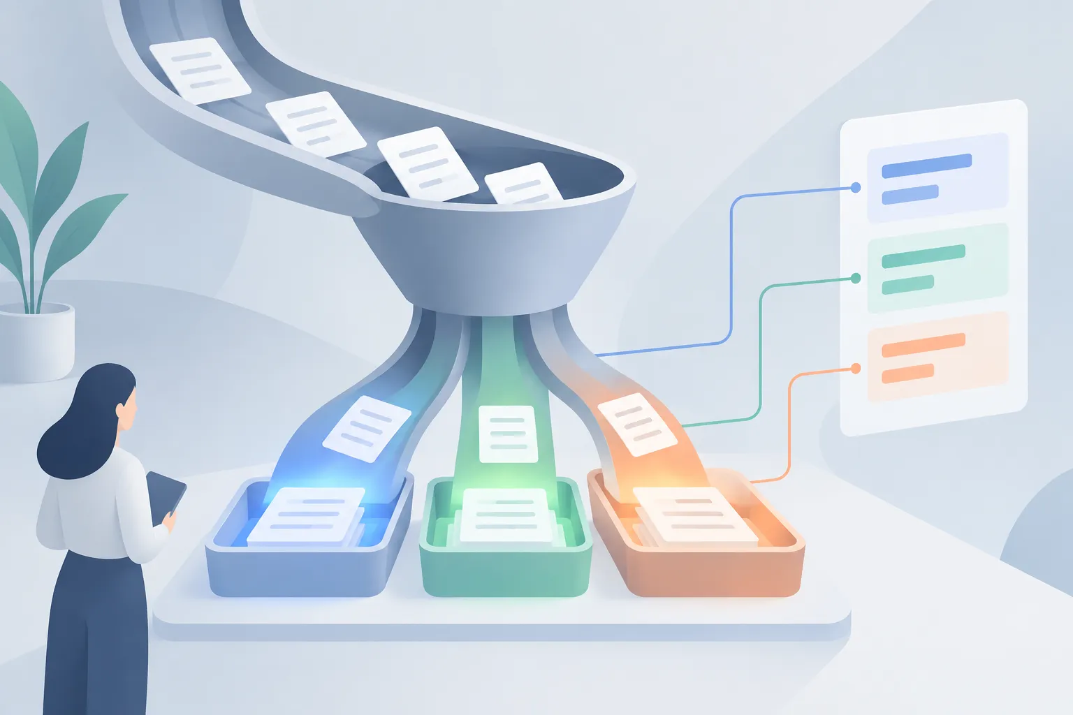Forms move through a sorting funnel into three colored trays connected to a simple dashboard