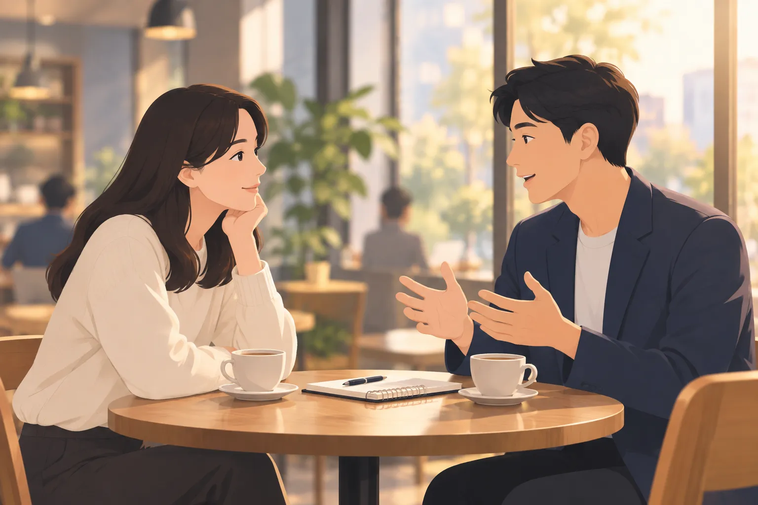 Two people discuss a notebook across a cafe table in warm afternoon light