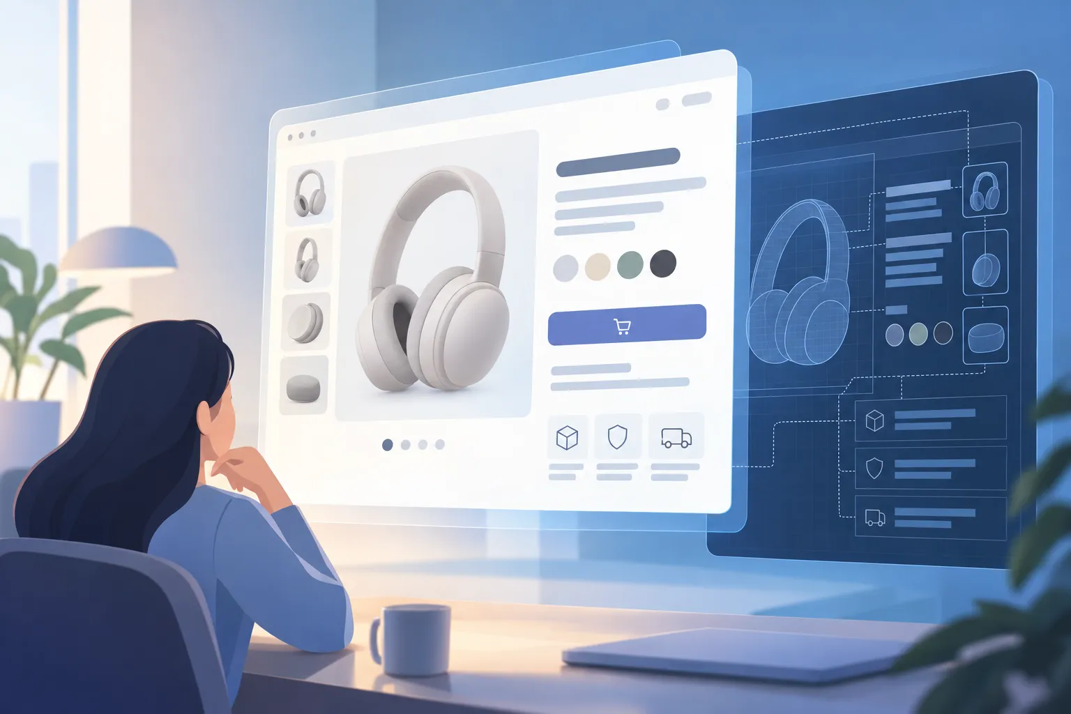 A product page with a polished visual layer above an orderly layer of essential product details
