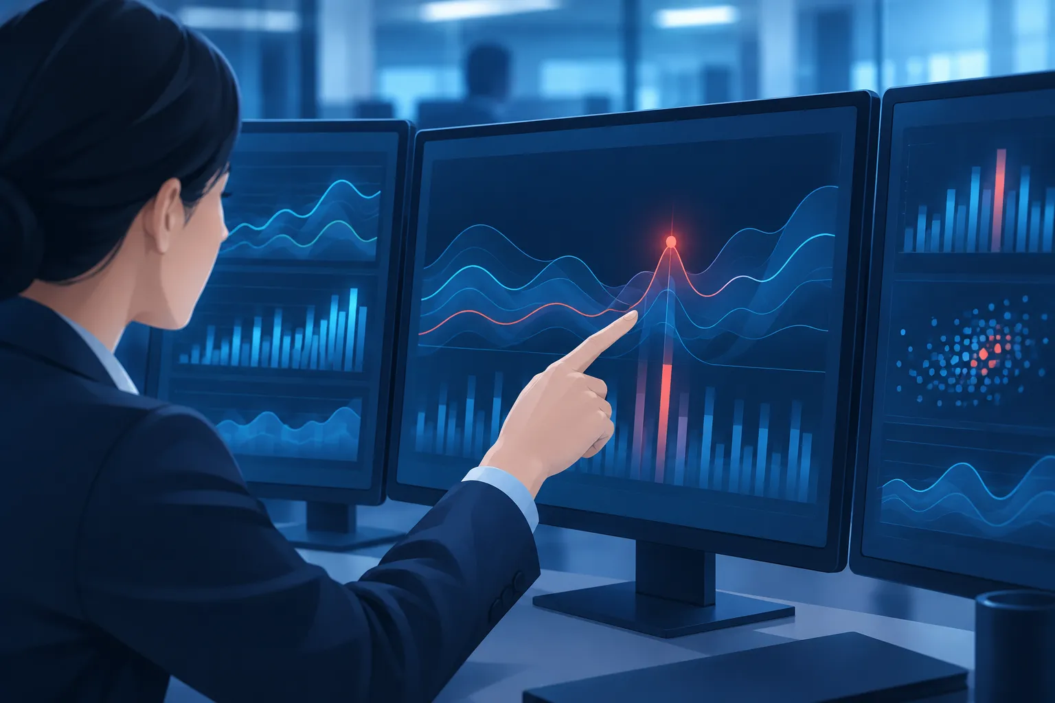 An auditor points to a red anomaly among abstract charts on dark monitors in a blue-lit office