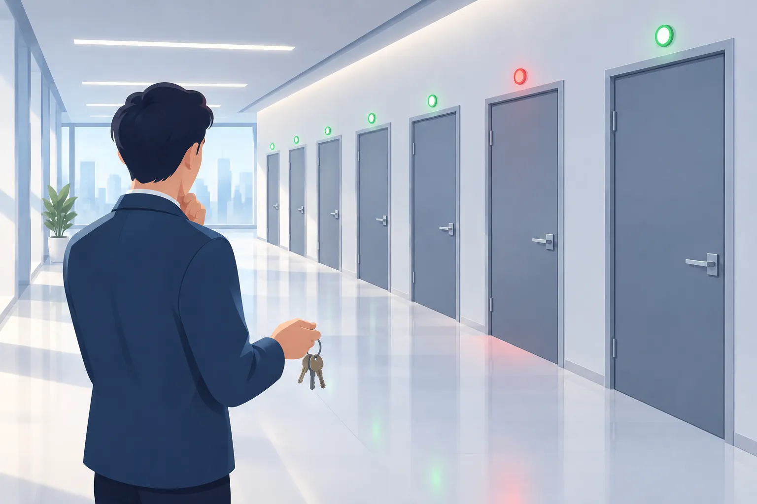 A person holds keys before a row of closed doors, with one red indicator among green lights