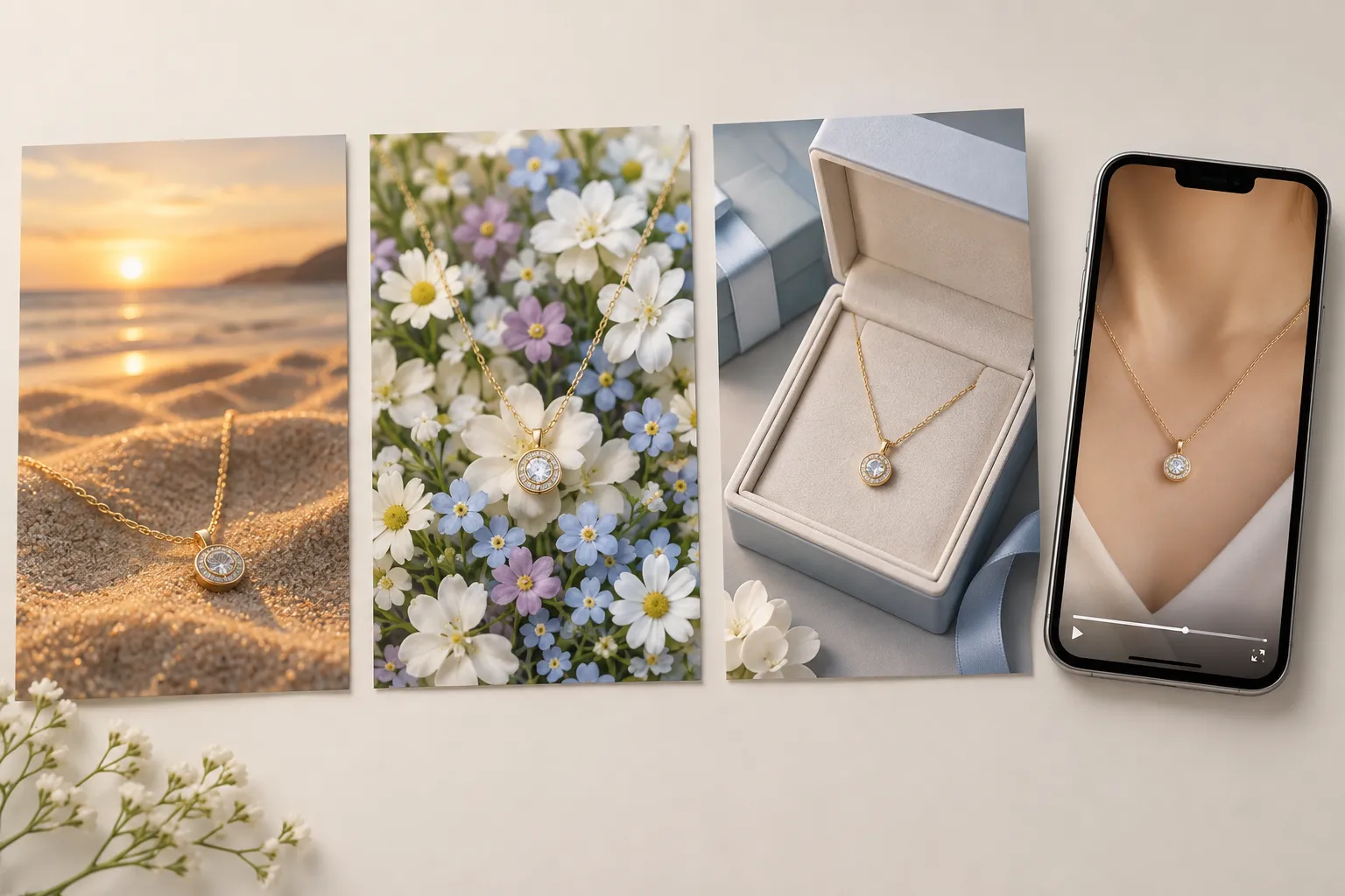 Three pendant necklace ad scenes beside a phone displaying a vertical necklace video frame