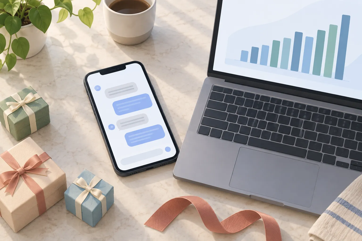 Phone with chat bubbles and laptop with a bar chart beside gift boxes on a kitchen counter