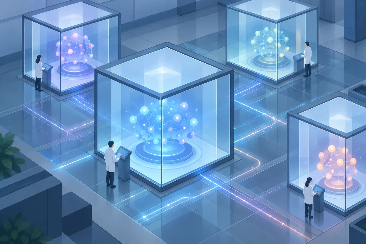 Separate evaluation chambers hold glowing AI nodes as faint hidden paths cross beneath a transparent floor