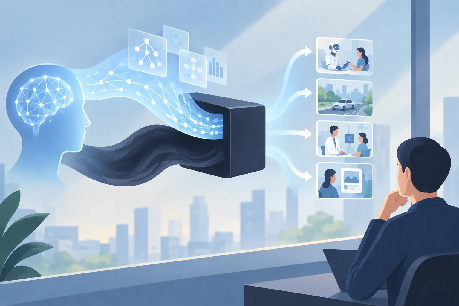 An observer examines AI actions beside a visible reasoning stream and a separate opaque stream