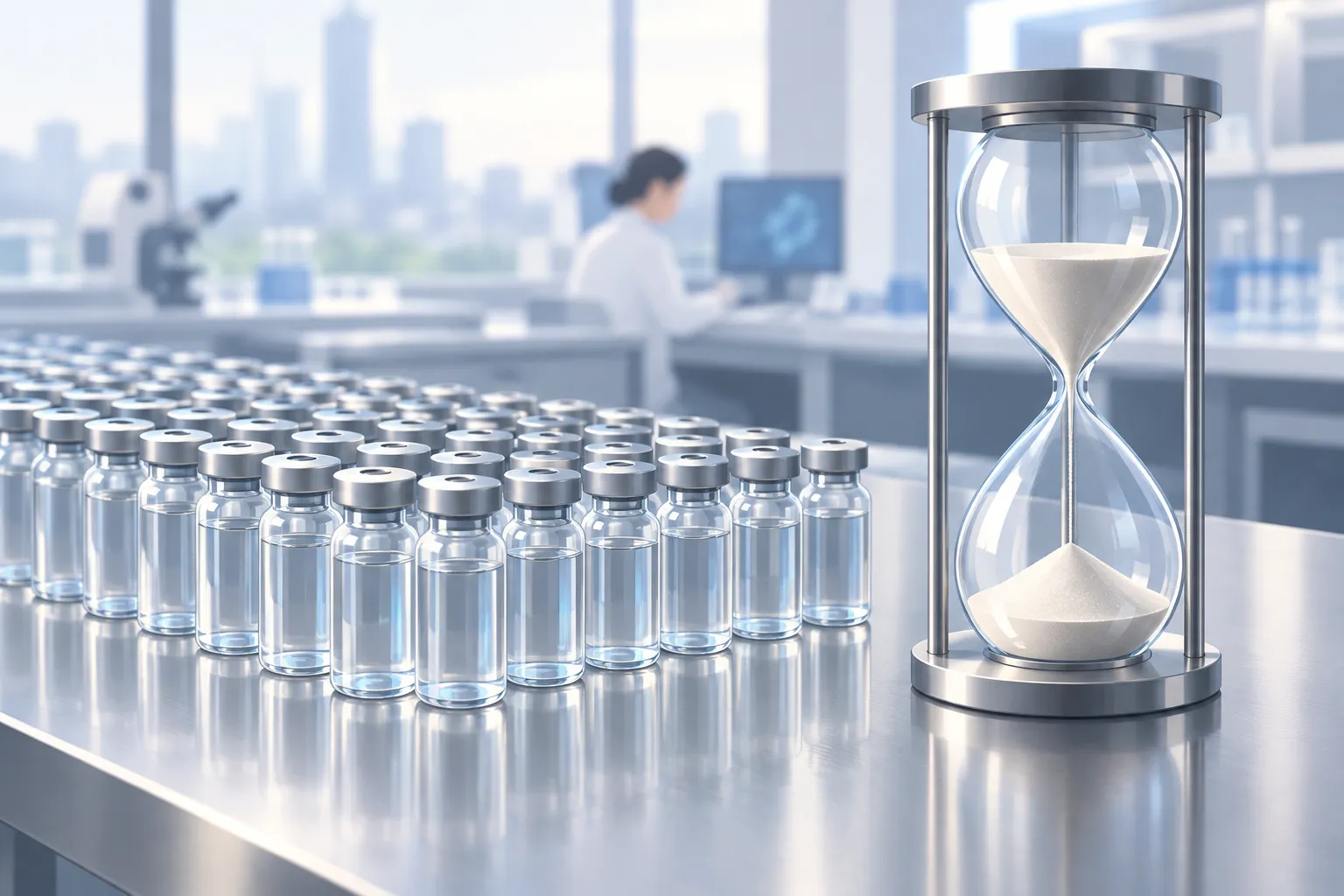 Rows of glass laboratory vials beside a large hourglass on a stainless steel bench