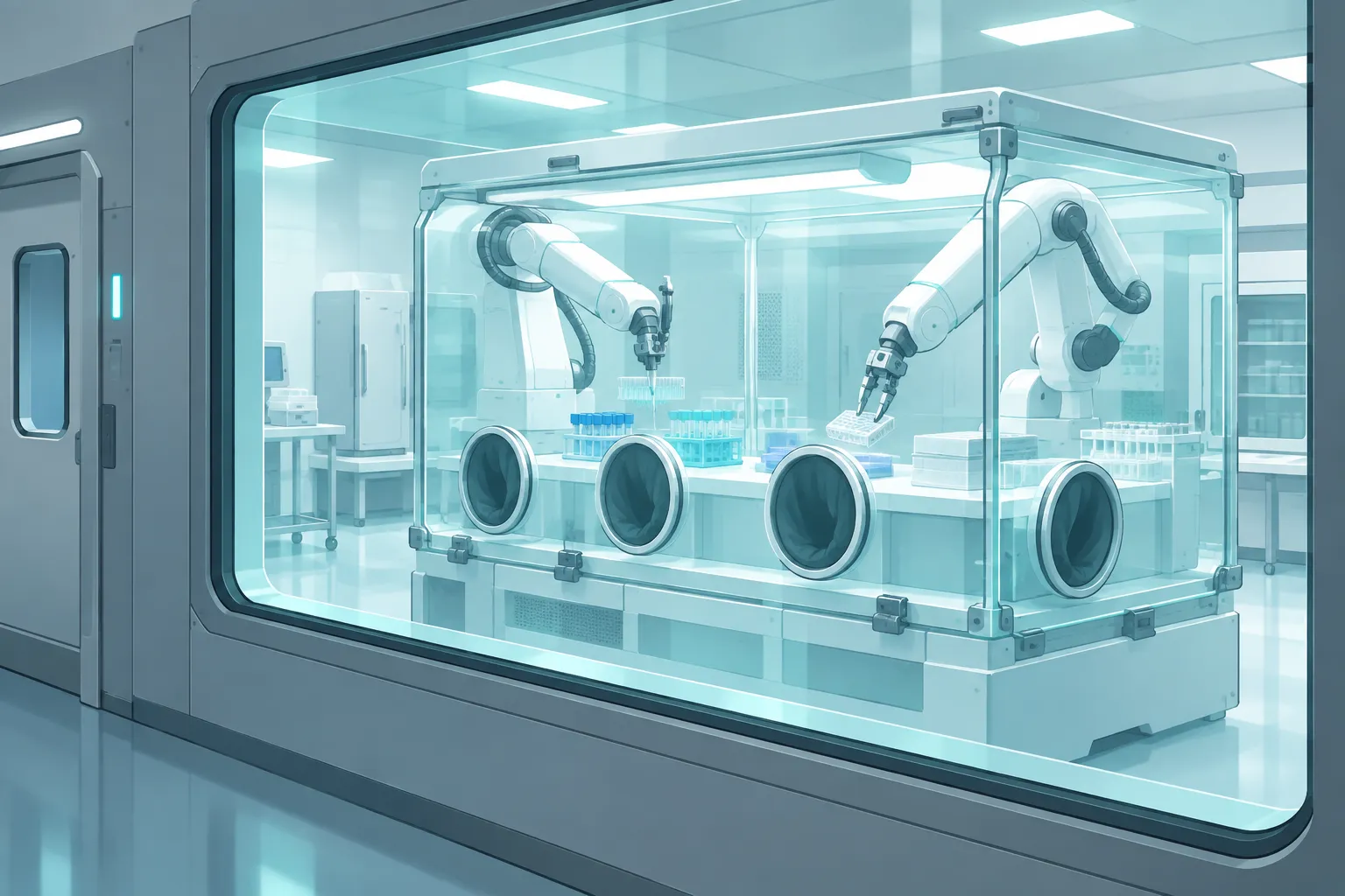 Sealed laboratory seen through glass, with robotic arms working inside an isolation chamber