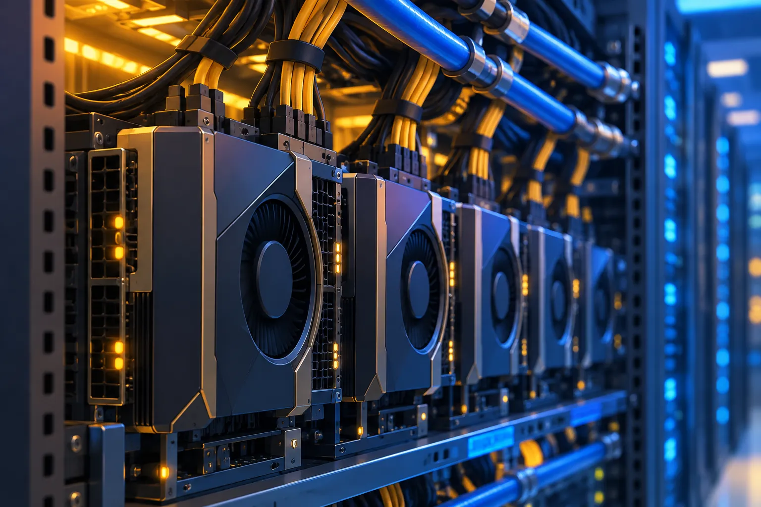 GPU accelerator modules fill a server rack beneath heavy power and cooling cables.
