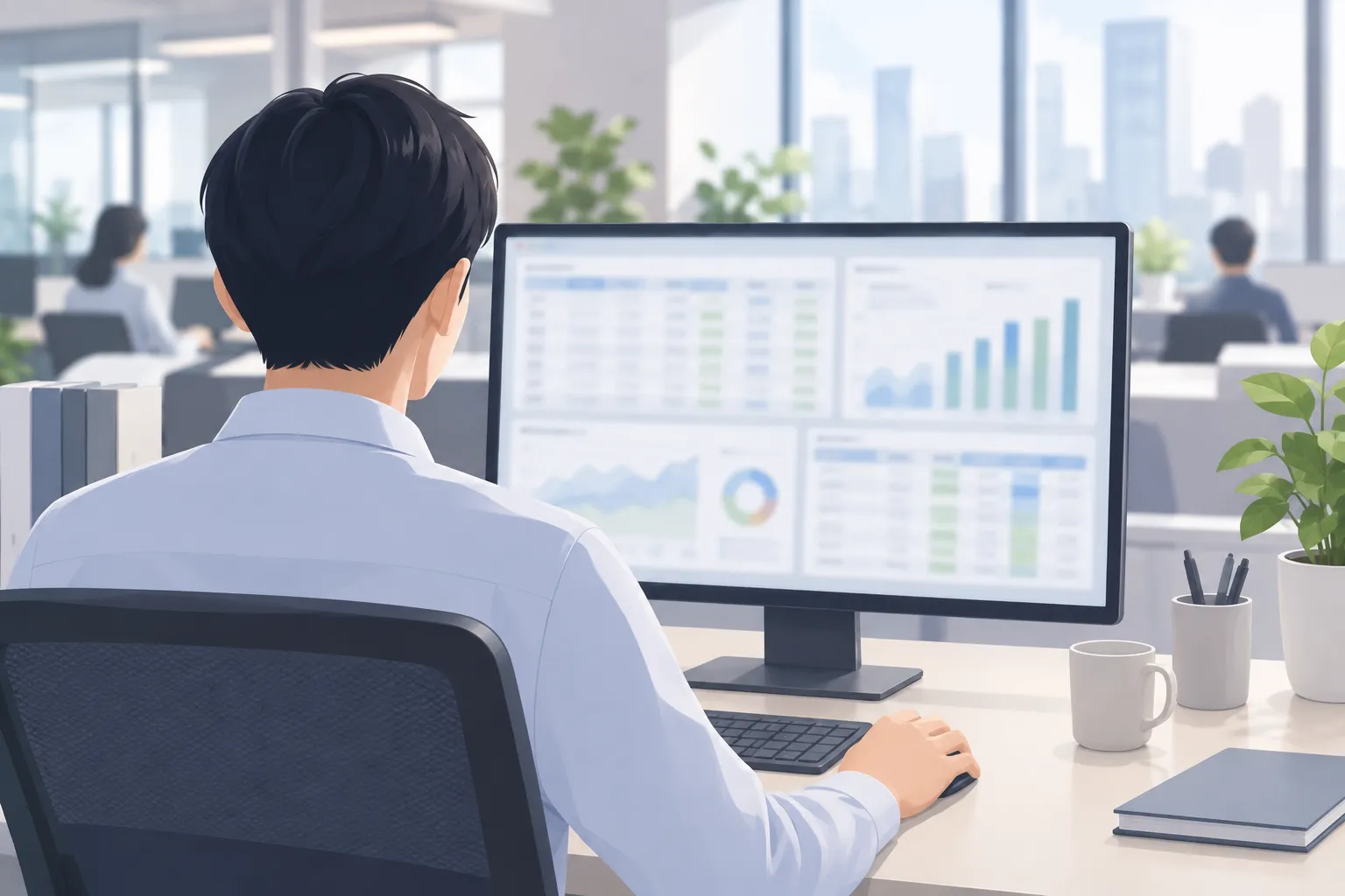 An office worker uses a large monitor with blurred charts and tables in a bright workspace.